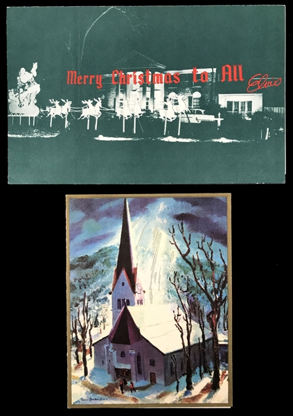 Pair of Elvis Presley Christmas Cards – 1960 “Views of Graceland Foldout” and One Stamped “Elvis and the Colonel”