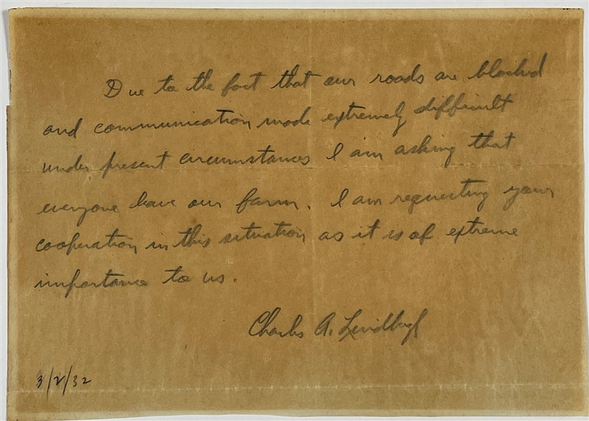 March 2, 1932 Charles Lindbergh Handwritten and Signed Letter - Written Just Hours After the Kidnapping!
