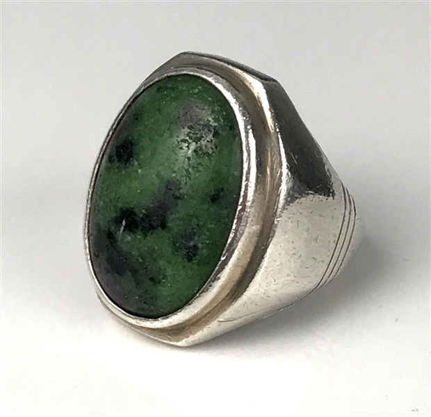 Elvis Presley Owned and Worn Silver Ring with Large Green Stone Gifted to Superfan Cricket Coulter