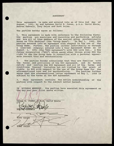 1991 Tin Machine Agreement Signed by David Bowie as “David R. Jones” and Other Members Reeves Gabrels, Tony Sales and Hunt Sales 