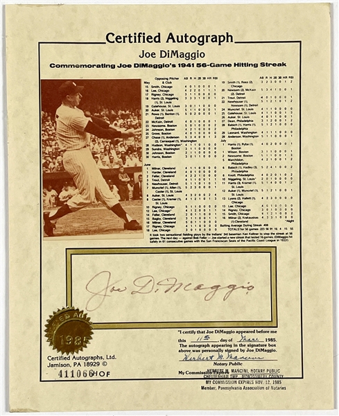 Joe DiMaggio Signed 1941 56 Game Hitting Streak Commemorative Display