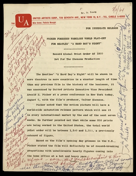 1964 <em>A Hard Days Night</em> United Artists Press Release from The New York Press Conference Plus 5 Studio Issued Promotional Photos
