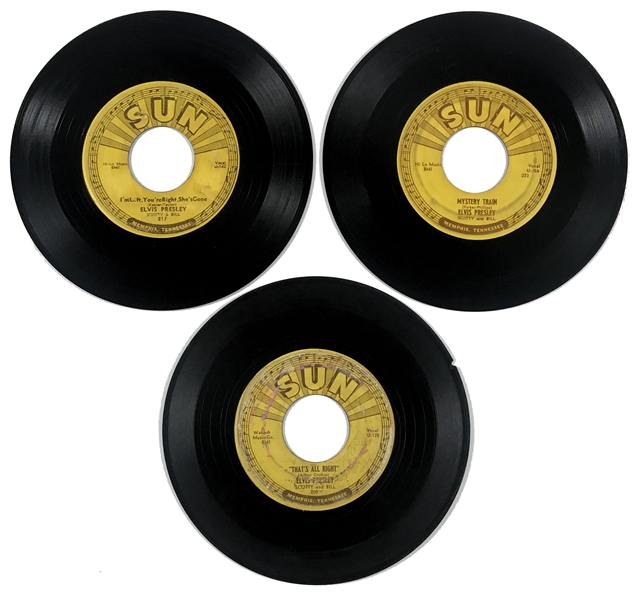 Three Elvis Presley SUN 45 RPM Records Including 209 “That’s All Right,” 217 “I’m Left, You’re Right, She’s Gone” and 223 “Mystery Train”