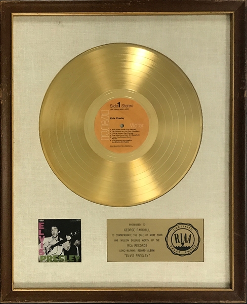 RIAA Gold Record Award for 1956 LP <em>Elvis Presley</em> Awarded to RCA Executive George Parkhill – Early White Linen Matte Style Certified in 1966