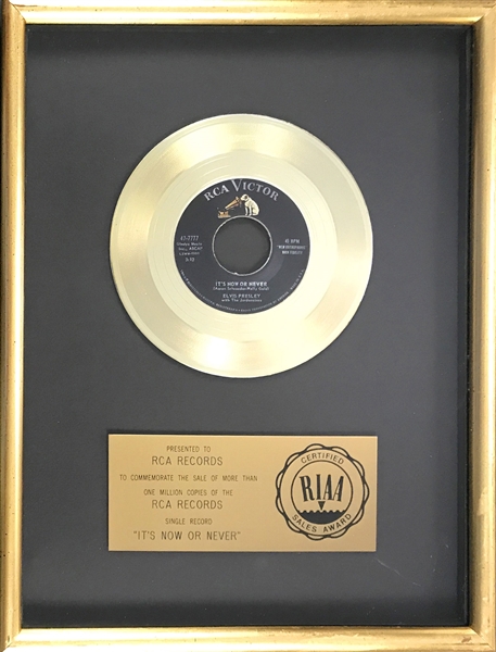 RIAA Gold Record Award for Elvis Presley’s 1960 Single “Its Now or Never” - Certified in 1983 - Presented to RCA Records