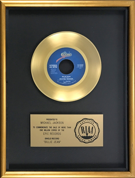 RIAA Gold Record Award for Michael Jacksons 1983 Single "Billie Jean" - Certified April 4, 1983 