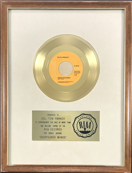 RIAA Gold Record Award for Elvis Presleys 1969 Single "Suspicious Minds" - Awarded to "Colonel Parker" - Early White Linen Matte Version
