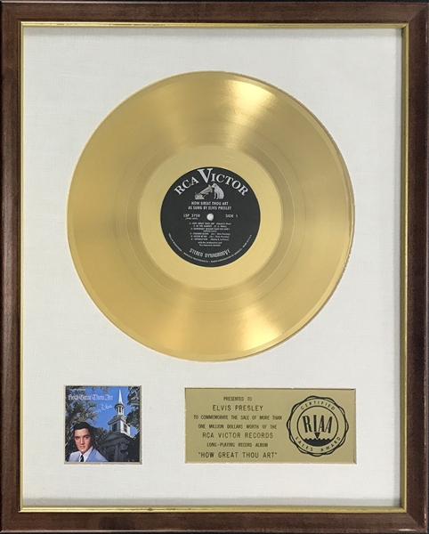 RIAA Gold Record Award for Elvis Presleys 1967 LP <em>How Great Thou Art</em> - Certified in 1967 - Early White Linen Matte Style