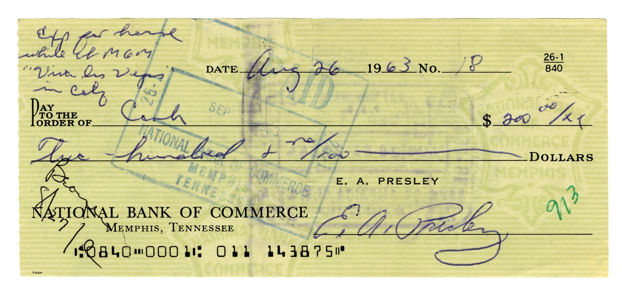 Elvis Presley Signed Check Written on August 23, 1963, for Expenses While Filming <em>Viva Las Vegas</em>