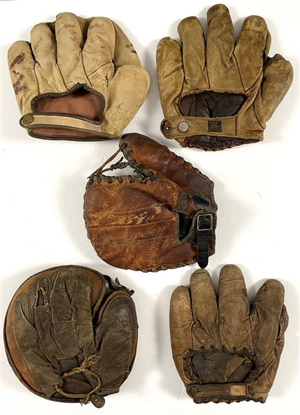 Collection of Five Early 20th Century Store Model Baseball Gloves and Mitts - Including Spalding and D&M Examples
