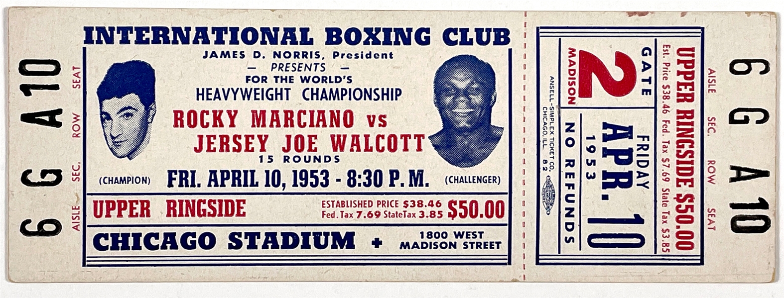 April 10, 1953, FULL Ticket for Rocky Marciano vs. Jersey Joe Walcott Second Fight - Plus Original Negative of 1952 Pre-Fight Photo