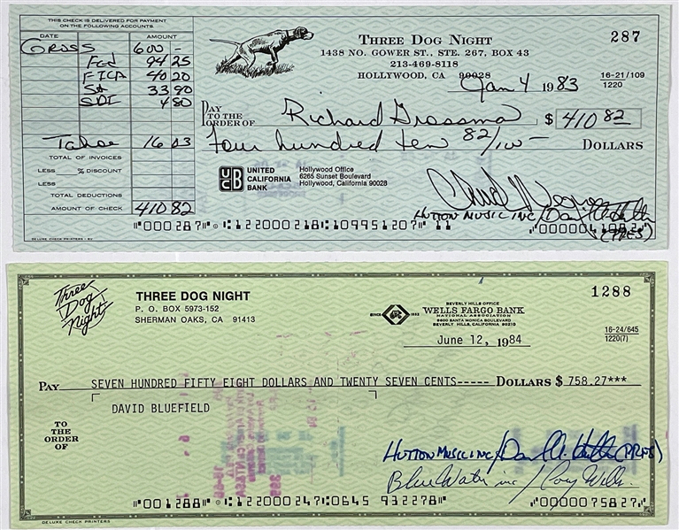 “Three Dog Night” Band Checks (2) Signed by Vocalists Danny Hutton, Cory Wells, and Chuck Negron and Written to Band Members