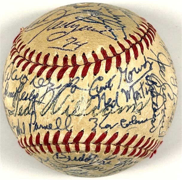Ted Williams Signed Half Baseball Also Signed by 18 Other Boston Red Sox Hall of Famers, Players, Owners and Announcers in the 1960s & 70s