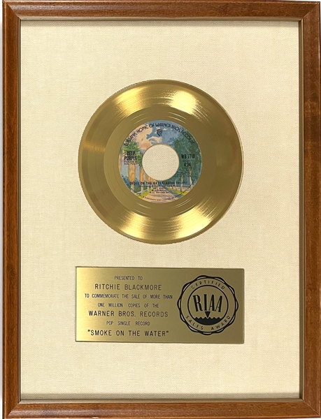 RIAA Gold Record Award for Deep Purples 1973 Single “Smoke on the Water” - “To Richie Blackmore” Certified in 1973 White Linen Matte Style