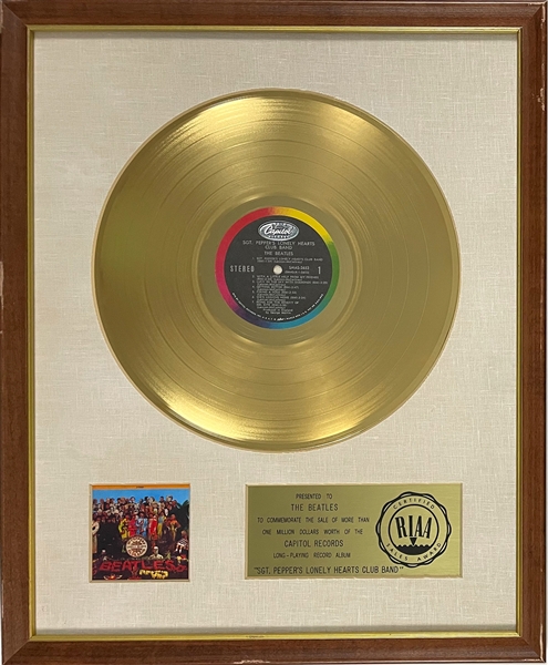 RIAA Gold Record Award for The Beatles 1967 LP <em>Sgt. Peppers Lonely Hearts Club Band</em> - Certified in 1967 - Early White Linen Matte Style