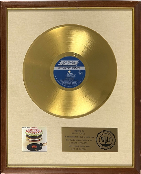 RIAA Gold Record Award for The Rolling Stones 1969 LP <em>Let It Bleed</em> - Certified in 1969 – Early White Linen Matte Style
