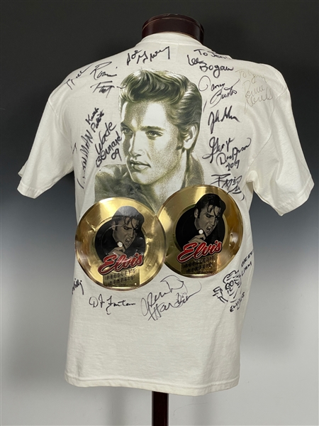 Pair of “Elvis Cruise” T-Shirts Signed by 22 of Elvis Presleys Bandmembers and Memphis Mafia 