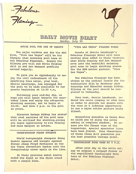 1964 <em>Viva Las Vegas</em> Flamingo Hotel “Daily Movie Diary” Sheets (2) Alerting Guests to Hotel Locations in Use During Filming of the Elvis Presley Movie
