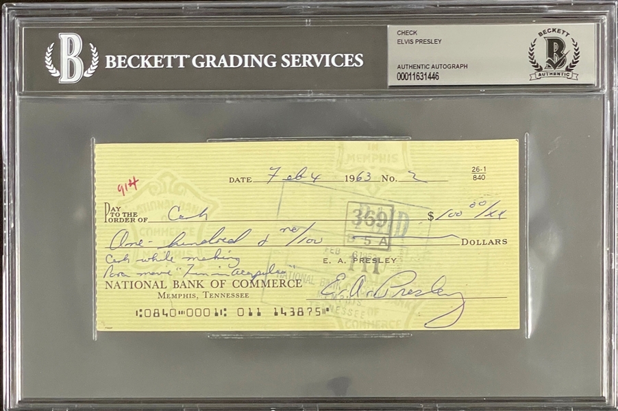 February 4, 1963, Elvis Presley Signed $100 Check for “Cash While Making Para. Movie ‘Fun in Acapulco’” - with Graceland Authenticated LOA