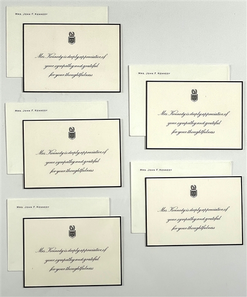 Group of Five 1963 Unused Jacqueline Kennedy Condolence Appreciation Cards w/Envelopes - with LOA from Mr. and Mrs. Kennedys Secretary