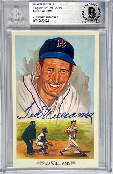 Ted Williams Signed 1989 Perez-Steele “Celebration" Postcard– Encapsulated By Beckett Authentic