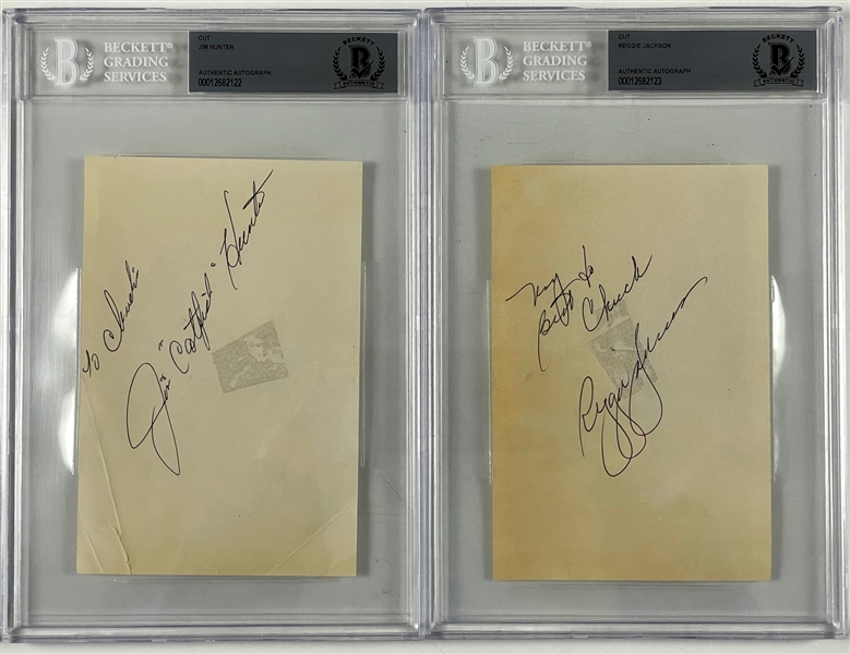 Oakland As Hall of Famers Jim “Catfish” Hunter and Reggie Jackson Signed Autograph Book Pages– Encapsulated By Beckett Authentic