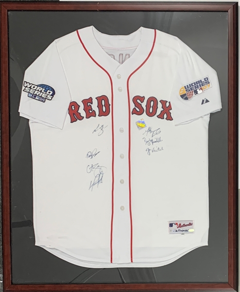 2004 and 2007 Boston Red Sox World Series Champions Signed Jersey with Seven Signatures Incl. Ortiz, Ramirez, Varitek and Schilling