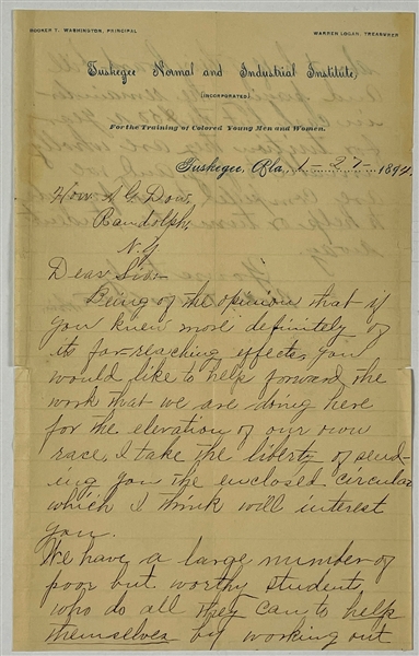 Booker T. Washington 1894 Signed Letter on “Tuskegee Institute” Letterhead Plus Institute Circular Document