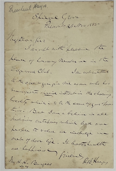 President Rutherford B. Hayes Signed 1885 Handwritten Letter written From His Home in Speigel Grove, Fremont, Ohio