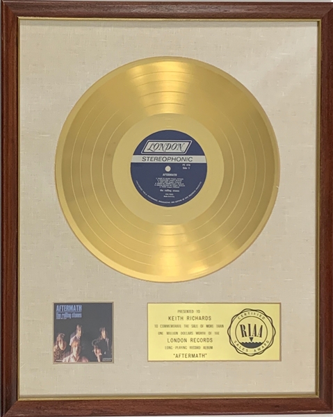 RIAA Gold Record Award for The Rolling Stones 1966 LP <em>Aftermath</em> - “Presented to KEITH RICHARDS” - Certified in 1966 - Early White Linen Matte Style
