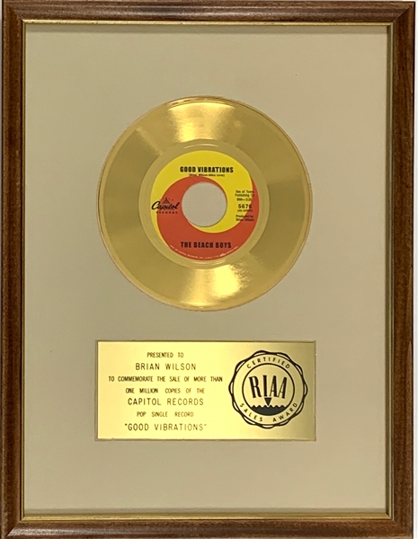 RIAA Gold Record Award for The Beach Boys 1966 Single “Good Vibrations” - “Presented to BRIAN WILSON” - Certified in 1966 - Early White Linen Matte Style