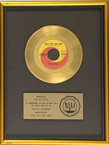 RIAA Gold Record Award for The Beatles 1964 Single “Cant Buy Me Love” - “Presented to THE BEATLES”
