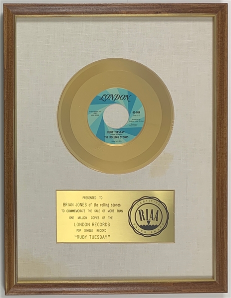 RIAA Gold Record Award for The Rolling Stones Single “Ruby Tuesday” - Presented to “Brian Jones”