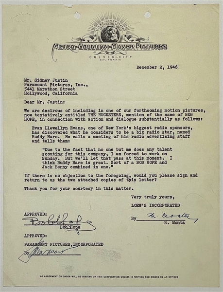 Bob Hope Signed 1946 Letter on MGM Letterhead Approving the Use of His Name in <em>The Hucksters</em>