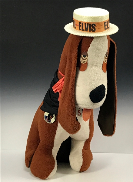 Elvis Presley Giant-Sized Souvenir Stuffed Hound Dog, Stage Worn Black SILK Scarf, Souvenir Straw Hat and Button - Given to a Friend Directly from Elvis and The Colonel at a Las Vegas Hilton Concert