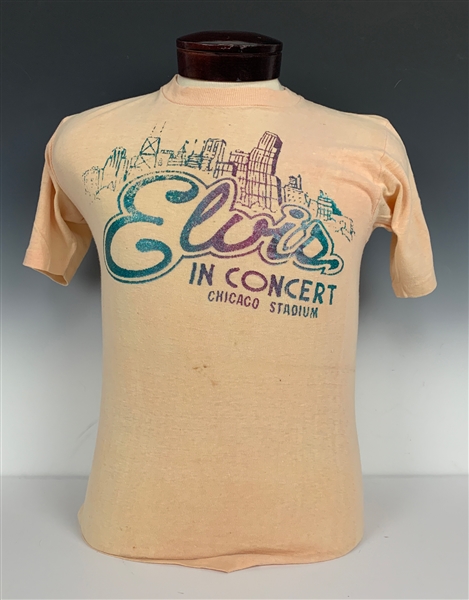 Ticket Stub for Elvis Presley Concert at The Chicago Stadium on May 2, 1977, Plus Concert T-Shirt, Photo and Two Vintage Stadium Postcards (5 Items)