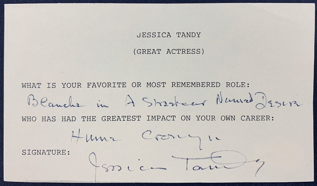 Jessica Tandy Signed Questionnaire - Listing <em>A Streetcar Named Desire</em> as Her Favorite Role (BAS)