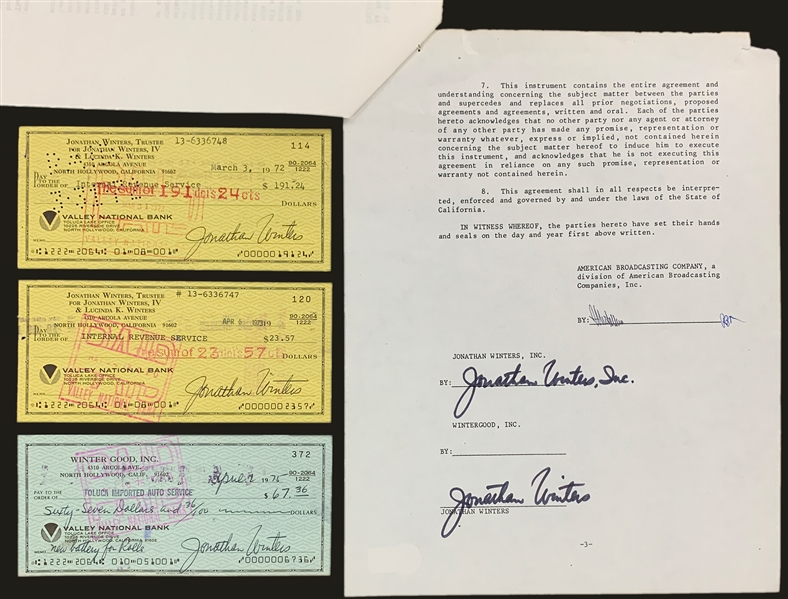 Jonathan Winters Signed ABC TV Agreement and Three Signed Personal Checks Two to IRS and One for "new battery for Rolls"! (4 Items) (BAS)