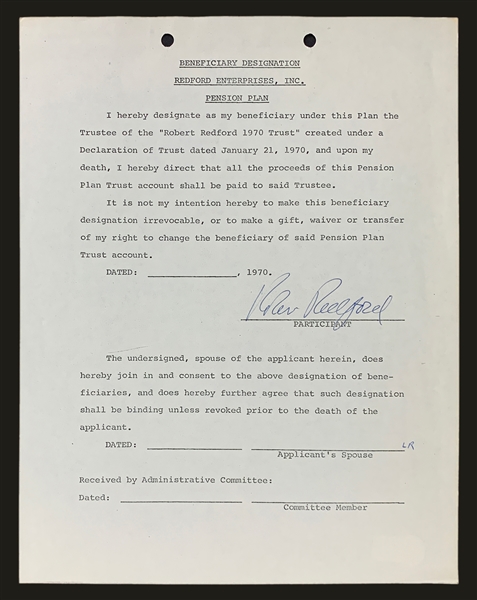 Robert Redford Signed 1970 “Redford Enterprises, Inc.” Document (BAS)