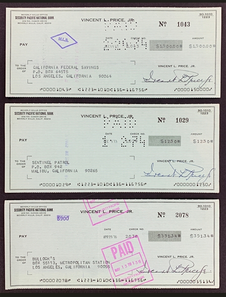 Vincent Price Signed Personal Check Collection of Three (3) (BAS)