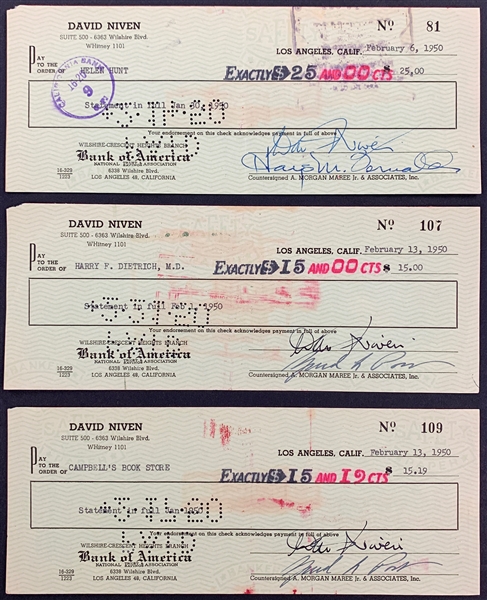 David Niven Signed 1950 Personal Check Collection of Three - To Helen Hunt, Harry F. Dietrich, MD & Campbells Book Store (3) (BAS)