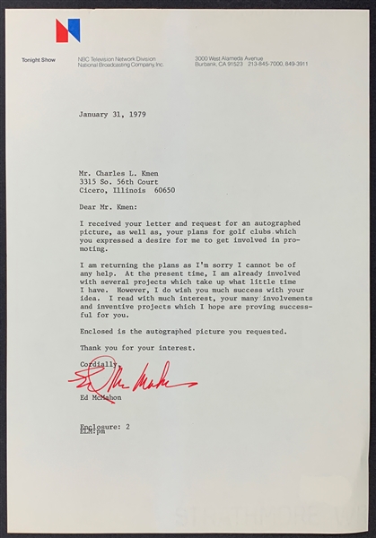Ed McMahon Signed 1979 Letter on <em>Tonight Show</em> Letterhead (BAS)