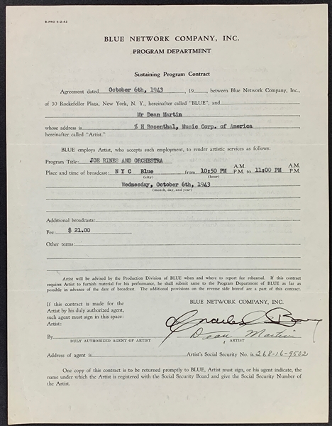 Dean Martin Signed 1943 “Blue Network Company, Inc.” Radio Show Agreement - Very Early Signature (BAS)