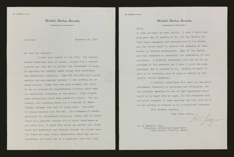 U.S. Senator Henry Cabot Lodge Signed 1918 Letter on his Senatorial Letterhead (BAS)