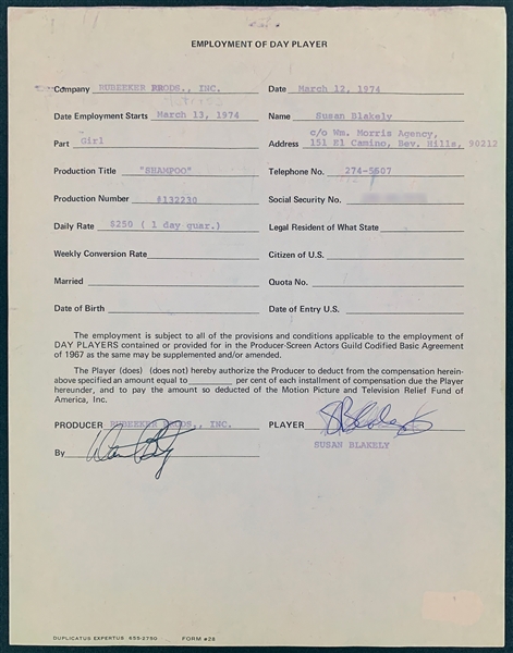 Warren Beatty and Susan Blakely Signed Employment Contract for <em>Shampoo</em> (BAS)