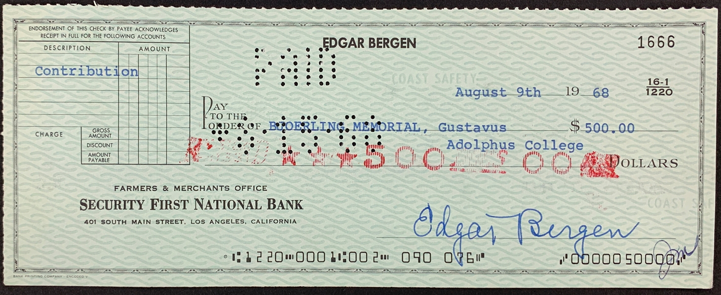 Edgar Bergan (Charlie McCarthys Partner) Signed Personal Check (BAS)