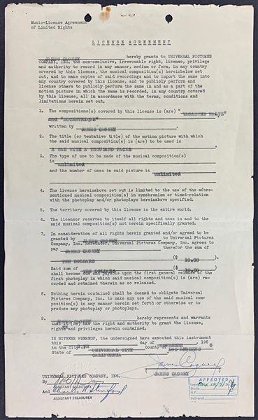 James Cagney Signed 1956 License Agreement for Two Songs He Wrote Plus Archive of Related Documents (12 Pieces) (BAS)