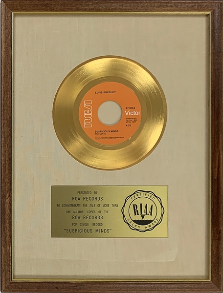 RIAA Gold Record Award for Elvis Presleys 1969 Single “Suspicious Minds” - “Presented to RCA” - Certified in 1969 - Early White Linen Matte Style