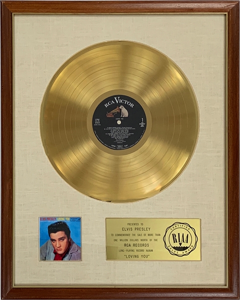RIAA Gold Record Award for Elvis Presleys 1957 Soundtrack LP <em> Loving You</em> - Certified in 1968 - Early White Linen Matte Style