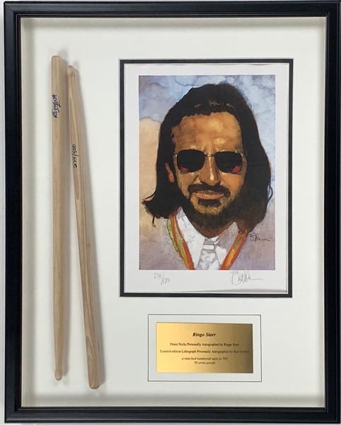 Ringo Starr Signed Drum Sticks in Framed Display (LE 274/500) with Matching Numbered Lithograph (BAS LOA)